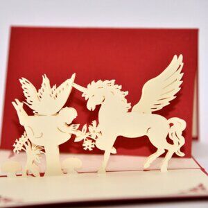 Handmade 3D Pop Up Love Pegasus and Angels Valentine's Day Card Red